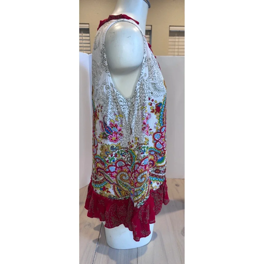 Bila Womens Large Boho Paisley Sleeveless Tassel Tie Neck Ruffle Hem Rayon Top